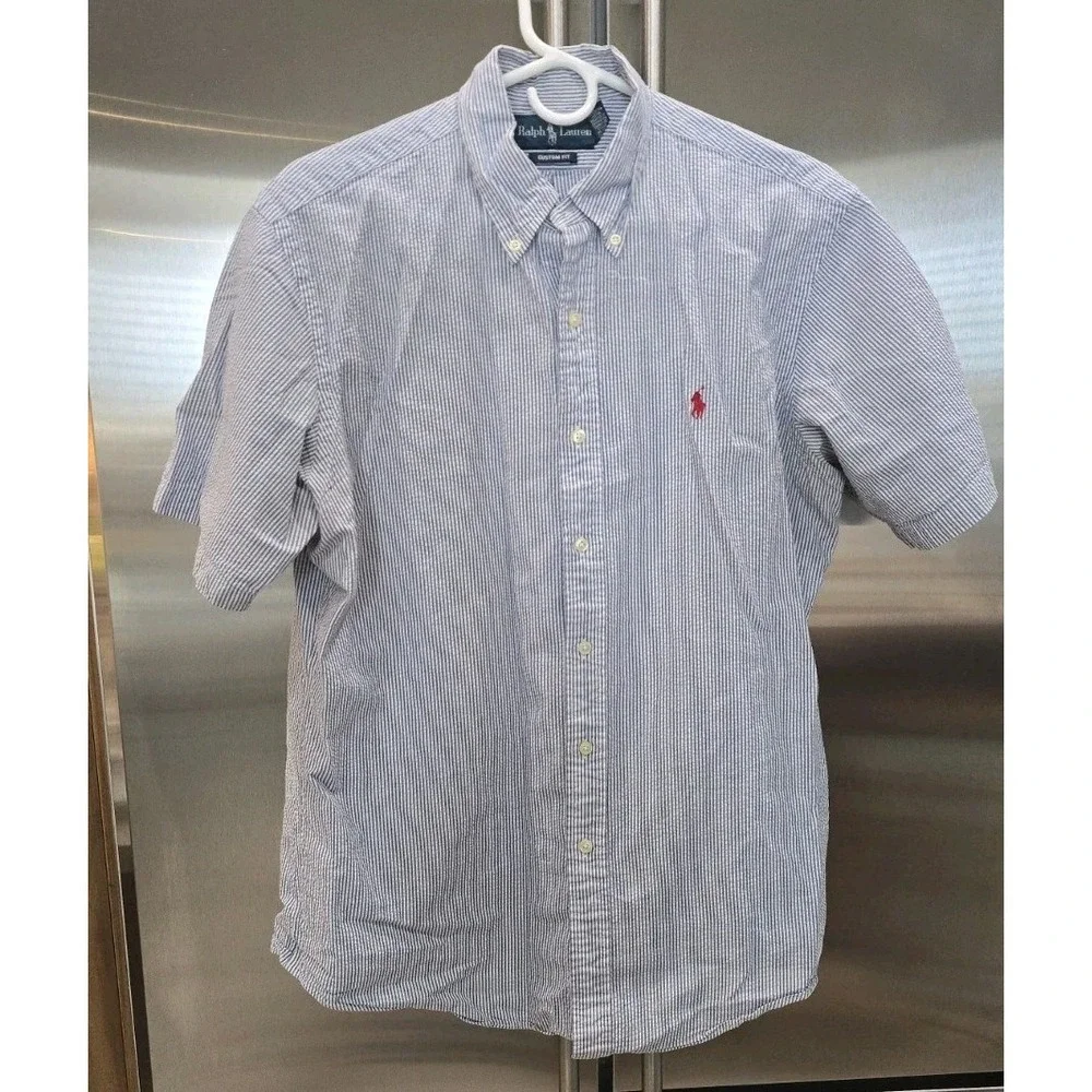 Polo Ralph Lauren Seersucker Short Sleeve Shirt‎ Mens L Blue Striped Pique Label